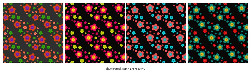 Set of multicolored diagonal wavy floral seamless patterns. Repeat abstract botanical patterns. Vector illustration.