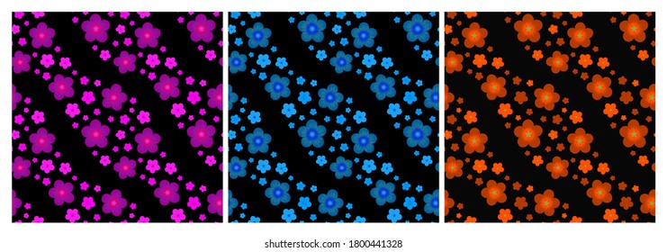 Set of multicolored diagonal wavy floral seamless patterns. Repeat abstract botanical patterns. Vector illustration.