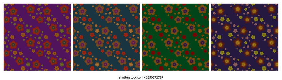 Set of multicolored diagonal wavy floral seamless patterns. Repeat abstract botanical patterns. Vector illustration.