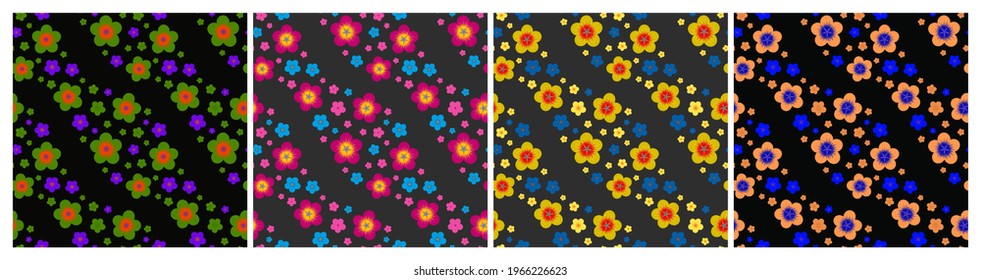Set of multicolored diagonal wavy floral seamless patterns. Repeat abstract botanical patterns. Vector illustration.
