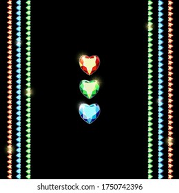Set of multi-colored diamonds of different faces on a black background. Gems of different colors and different galley. Stylish gold and silver accessories for women. Postcard with colorful gems. 