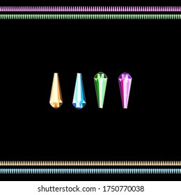 Conjunto de diamantes multicolores de diferentes caras sobre un fondo negro. Gemas de diferentes colores y galeras diferentes. Accesorios elegantes de oro y plata para mujeres.Postales con joyas coloridas. 