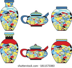 A set of multi-colored dishes with a decor of bright fish