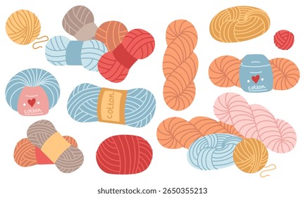 Set of multicolored, diverse knitting yarns with labels in various shapes. Collection of handmade products. Cozy atmosphere. Flat color illustration. knitting, needlework, prints products, hobbies