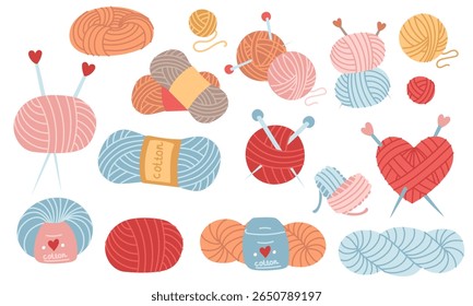 set of multicolored diverse yarns with knitting needles and labels of various shapes. collection of handmade products. cozy atmosphere. Flat color illustrations. Knitting, needlework, prints, hobbies