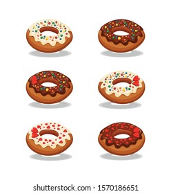 
Set of multi-colored donuts. Multi-colored donuts with white and chocolate icing and multi-colored sprinkles. The background is white. Vector illustration.