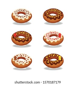 
Set of multi-colored donuts. Multi-colored donuts with white and chocolate icing and multi-colored sprinkles. The background is white. Vector illustration.
