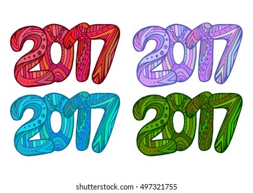 Set of multicolored Doodle numbers 2017 with boho pattern. Vector element for your creativity