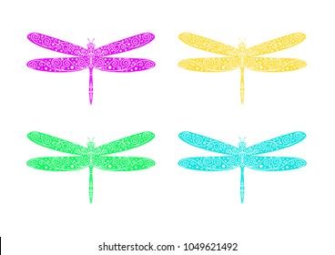 Set of multi-colored dragonflies .Vector isolated art insects in vector