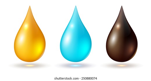 Set of multicolored drops, isolated on white, vector icons