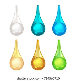 Set of multicolored drops isolated on white background.Clean falling water droplet vector illustration.
