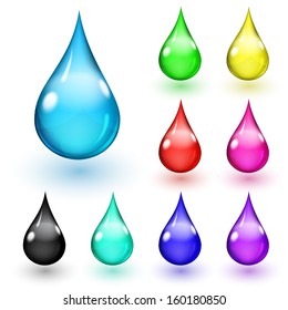 Set of multicolored drops with shadows on white background