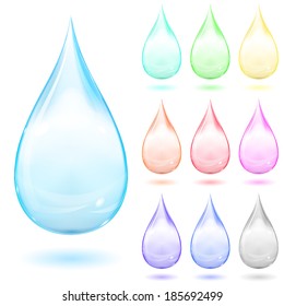 Set of multicolored drops with shadows on white background