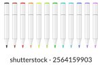 Set of multicolored dual tip markers. Rainbow palette. Coloring or sketching supplies. Water-based or alcohol marker pen. Brush tip