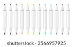 Set of multicolored dual tip markers. Rainbow palette. Coloring or sketching supplies. Water-based or alcohol marker pen. Brush tip