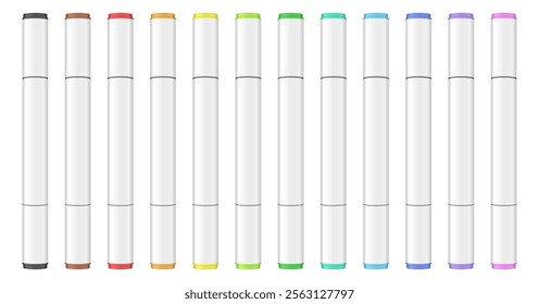 Set of multicolored dual tip markers. Rainbow palette. Coloring or sketching supplies. Water-based or alcohol marker pen.