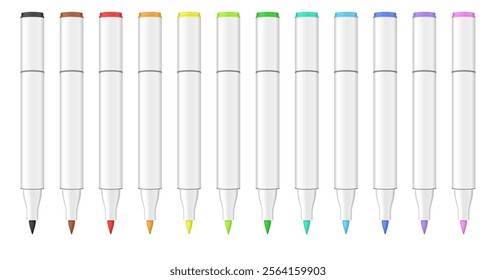 Set of multicolored dual tip markers. Rainbow palette. Coloring or sketching supplies. Water-based or alcohol marker pen. Brush tip