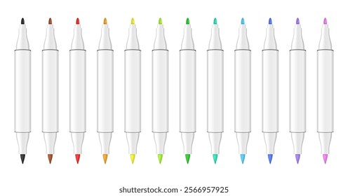 Set of multicolored dual tip markers. Rainbow palette. Coloring or sketching supplies. Water-based or alcohol marker pen. Brush tip