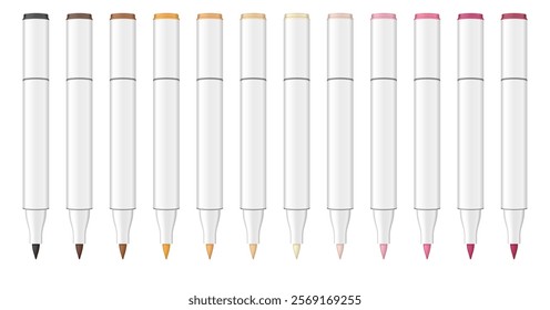 Set of multicolored dual tip markers. Pastel palette. Coloring or sketching supplies. Water-based or alcohol marker pen.  Brush tip	
