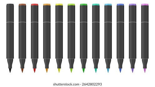 Set of multicolored dual tip markers. Rainbow palette. Coloring or sketching supplies. Water-based or alcohol marker pen. Brush tip. Black markers