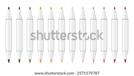 Set of multicolored dual tip markers. Pastel palette. Coloring or sketching supplies. Water-based or alcohol marker pen. Brush tip