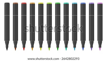 Set of multicolored dual tip markers. Rainbow palette. Coloring or sketching supplies. Water-based or alcohol marker pen. Brush tip. Black markers