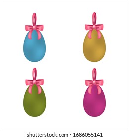 Set of multi-colored Easter eggs decorated with a bow on a white isolated background. Template for decoration cards, invitations, web design.