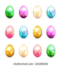 Set of multicolored Easter eggs with decorative golden patterns isolated on white background, illustration.