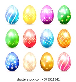 Set of multicolored Easter eggs with decorative patterns isolated on white background, illustration.
