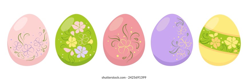 Conjunto de huevos de Pascua multicolores con decoración floral lacónica. Conjunto festivo de elementos aislados. Adorno vectorial para decoración, impresión, diseño, tarjetas, web, banners, marcadores