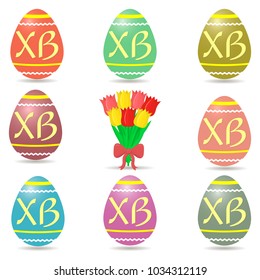 Set of multi-colored Easter eggs with the letters XB, bouquet of yellow and red tulips with a red bow on a white background.