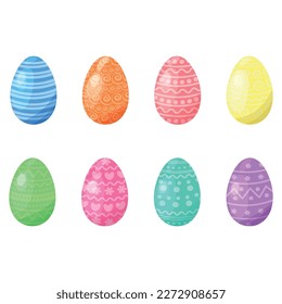 Set of multi-colored Easter eggs on a white isolated background. Template for decoration cards, invitations, web design.