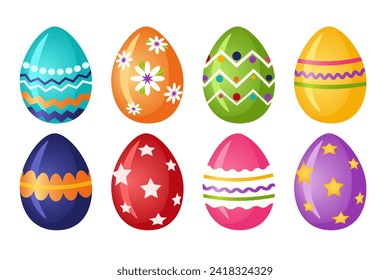 Set of multi-colored Easter eggs with patterns. Painted chicken eggs in cartoon style. Religious symbol of Happy Easter celebration. Design element for postcard. Vector illustration.