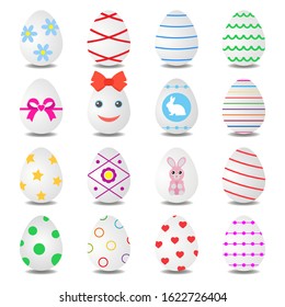 set of multi-colored easter eggs with shadow on a white background