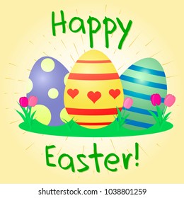 Set of multi-colored Easter eggs and tulips, against a background of golden rays. Happy easter.