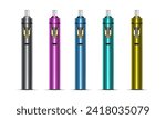 Set of multi-colored e-cigarettes icons. Electronic device. Vaping device in realistic 3D style. Vape pens. Vector