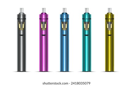 Set of multi-colored e-cigarettes icons. Electronic device. Vaping device in realistic 3D style. Vape pens. Vector