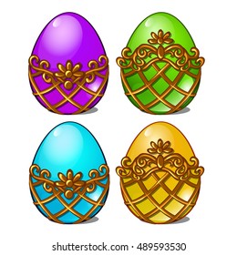 A set of multicolored eggs in a golden frame isolated on white background. Vector illustration.