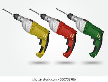 set of multicolored electric drills isolated on a white background 