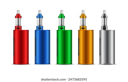 Set of multicolored electronic device icons. Vaping device in realistic 3D style. Vape pens. Vector