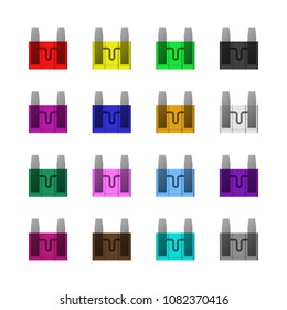 A set of multicolored electronic fuses. Plastic parts of an automatic car. Vector illustration. Protection against damage.