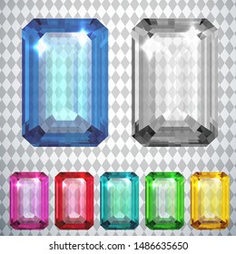 Set of multicolored emerald-cut gemstones with sparkles on transparent background - colorful diamonds collection