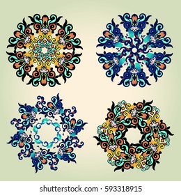Set of multicolored ethnic mandala. Multicolor circular elements. Vector illustration.