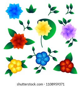 Set of multicolored exotic flowers. Isolated objects on white background, vector illustration