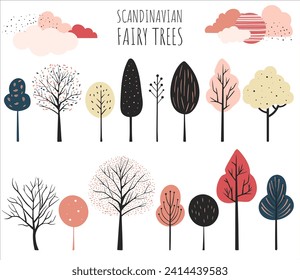 Set of multicolored fairy trees. Fantasy trees on white. Scandinavian vector trees collection