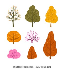 set of multicolored fantasy trees on white. poster with fairy trees