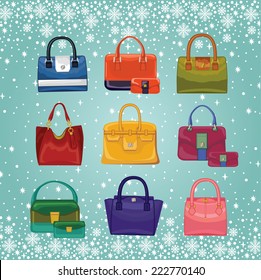 Set of Multicolored fashion women's handbag standing in front on snowflakes background.Casual and festive.Fashion illustration,vector