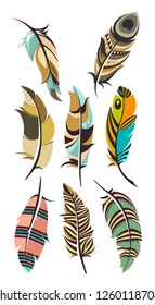 set of multicolored feathers isolated on white background