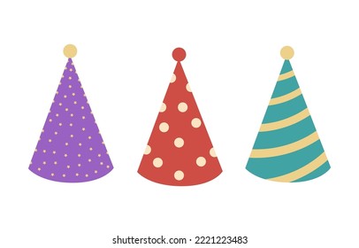 Set of multi-colored festive caps on white background. Vector isolated objects for use in design of thematic site or clipart