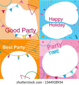 Set of Multicolored Festive Photo Frames with Copy Space on Abstract Pattern on Party Decorated Background with Flags, Lights and Greeting Inscriptions. Bright Border. Linear Flat Vector Illustration.